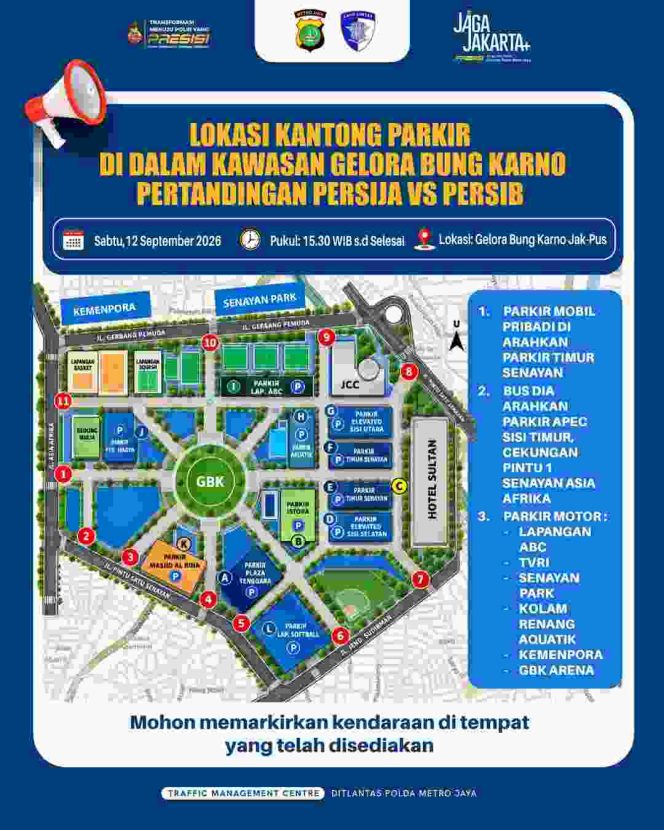 
					Jelang Persija–Persib, Polda Metro Jaya Siapkan Rekayasa Lalin dan Kantong Parkir di GBK
